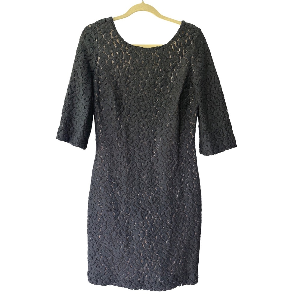 Etcetera‎ Black Floral Lace Cocktail Dress Champagne Lining Elbow Sleeve Size 6